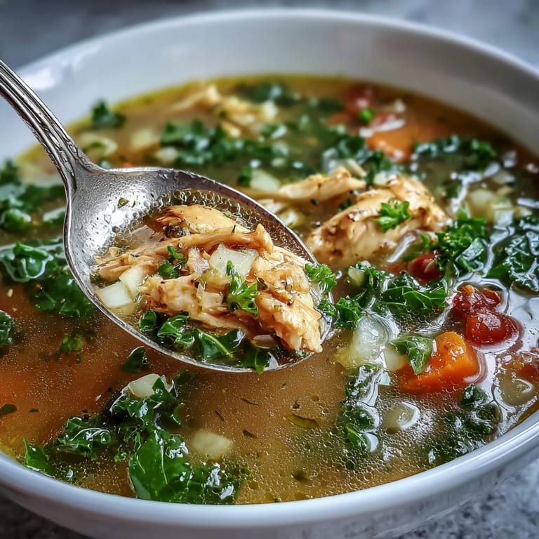A steaming ladle pours the High Protein Lemon and Turmeric Chicken Soup, garnished with fresh parsley and lemon wedges.