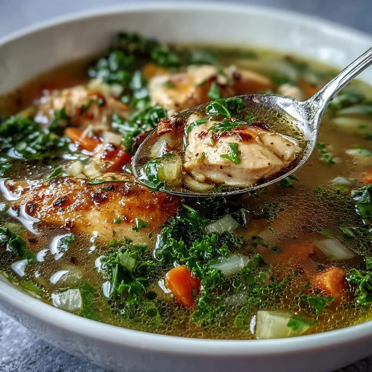 Close-up of High Protein Lemon and Turmeric Chicken Soup, highlighting vibrant carrots, celery, and wilted kale in golden broth.