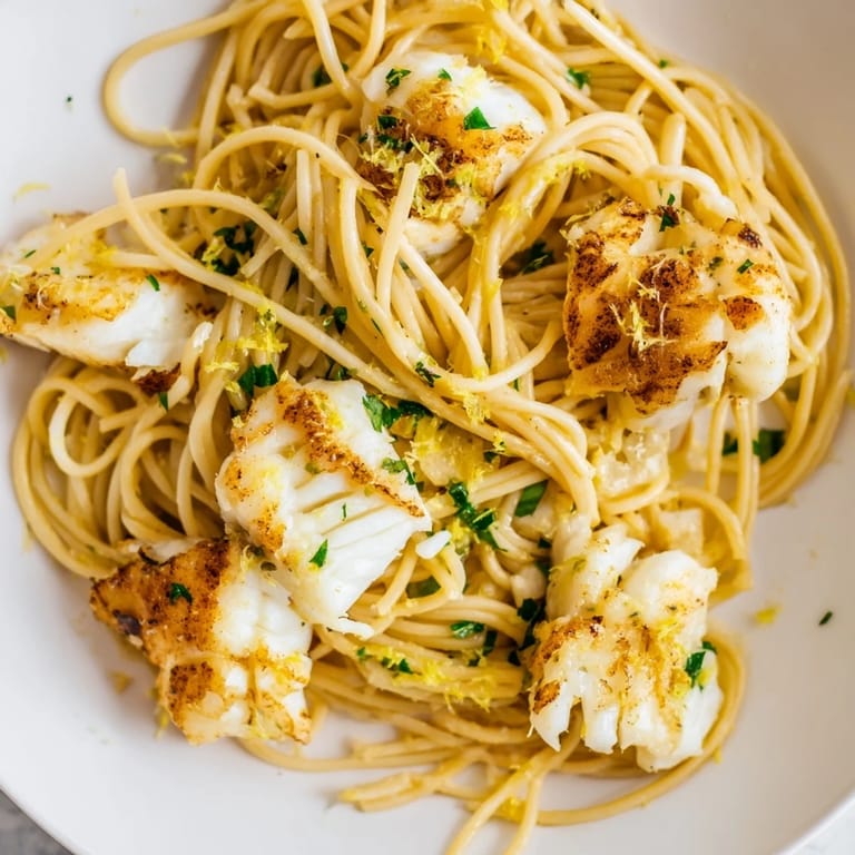 A close-up of golden fish and pasta with lemon wedges, ready for serving, showcasing fresh herbs and a glossy sauce.