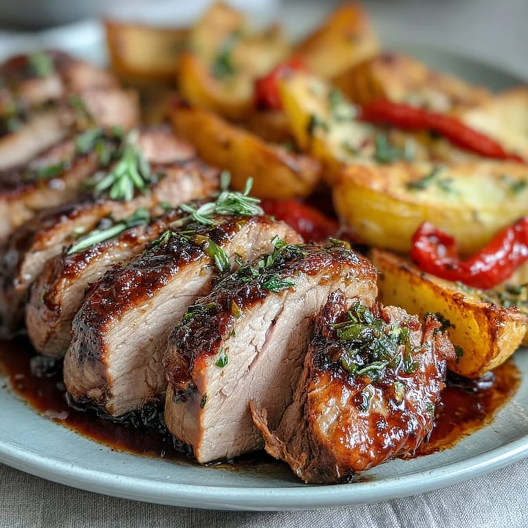 Serve this succulent marinated Ibérico pork fillet with crispy potatoes and sweet red peppers for a special dinner.