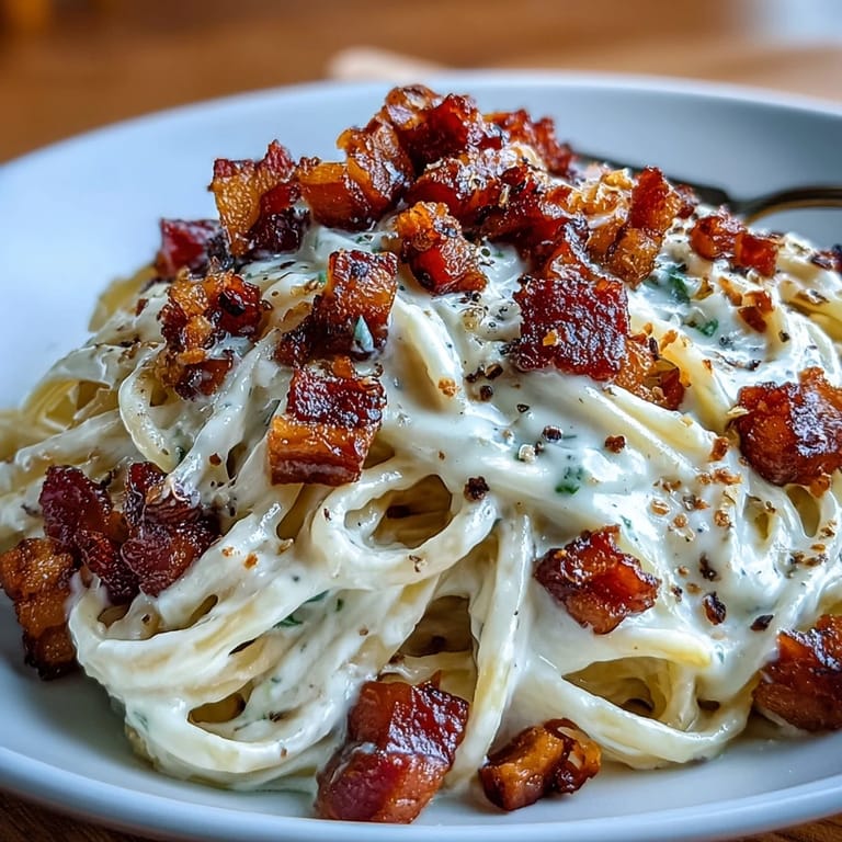 Spiralised celeriac noodles in a skillet of Celeriac Carbonara, blending Italian-inspired flavors with low-carb ingredients.