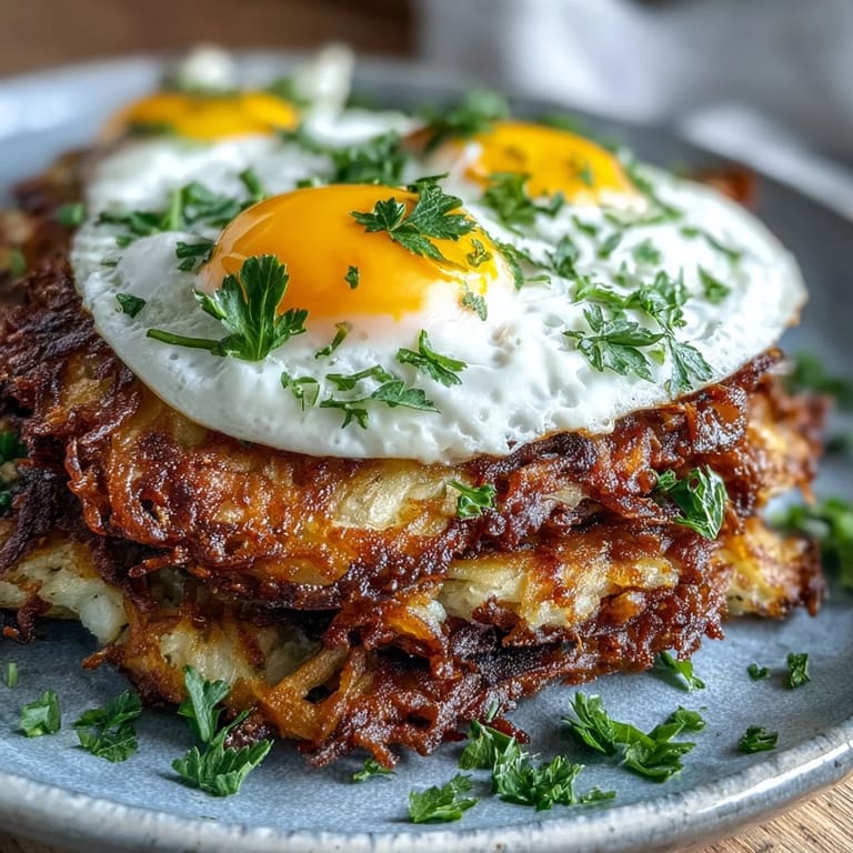 Golden shredded celeriac rösti and a runny fried egg, smothered in spicy harissa yogurt for a savory vegetarian meal.
