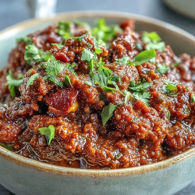 A hearty plate of Venison Keema Curry, garnished with fresh cilantro and lemon wedges, paired with fluffy basmati rice.