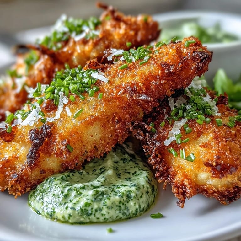 Serving of Haddock Goujons With Parmesan Crust alongside salad greens and lemon on a rustic table.
