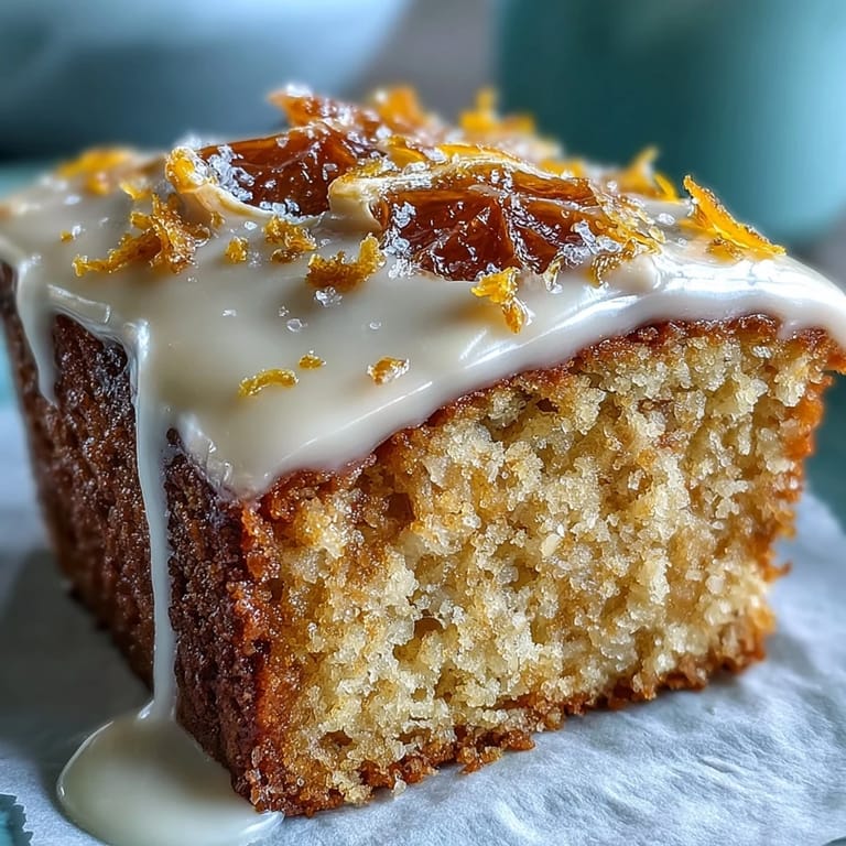 Glazed slice of Heavenly Blood Orange Yogurt Cake served on a plate with vibrant orange slices nearby.