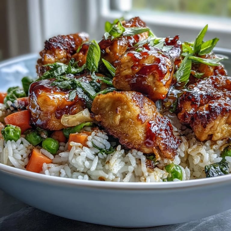 Steamed carrots and peas atop tender rice and juicy chicken, showcasing the easy one-pan honey BBQ chicken rice meal with a spoon.