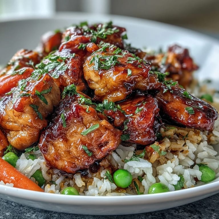 A close-up of saucy, glazed chicken and steamed vegetables mixed into fluffy rice, ideal for a quick weeknight dinner with easy cleanup.