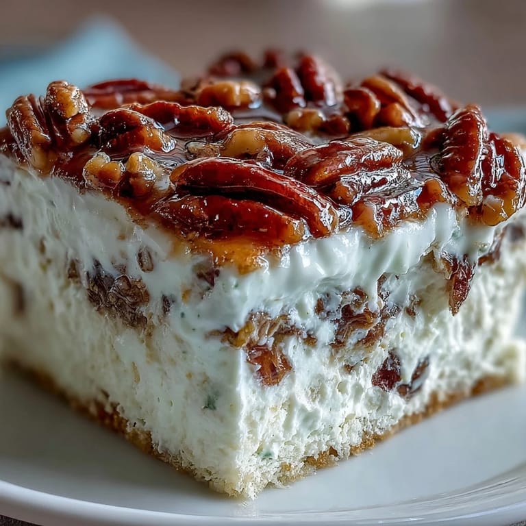 Butter Pecan Tres Leches Cake served chilled with a golden, gooey toasted pecan and brown sugar drizzle.