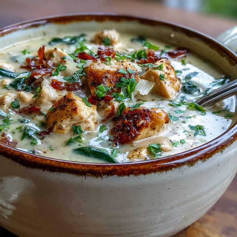 A spoon dips into rich Garlic Parmesan Chicken Soup with tender chicken pieces and wilted spinach, served alongside crusty bread.