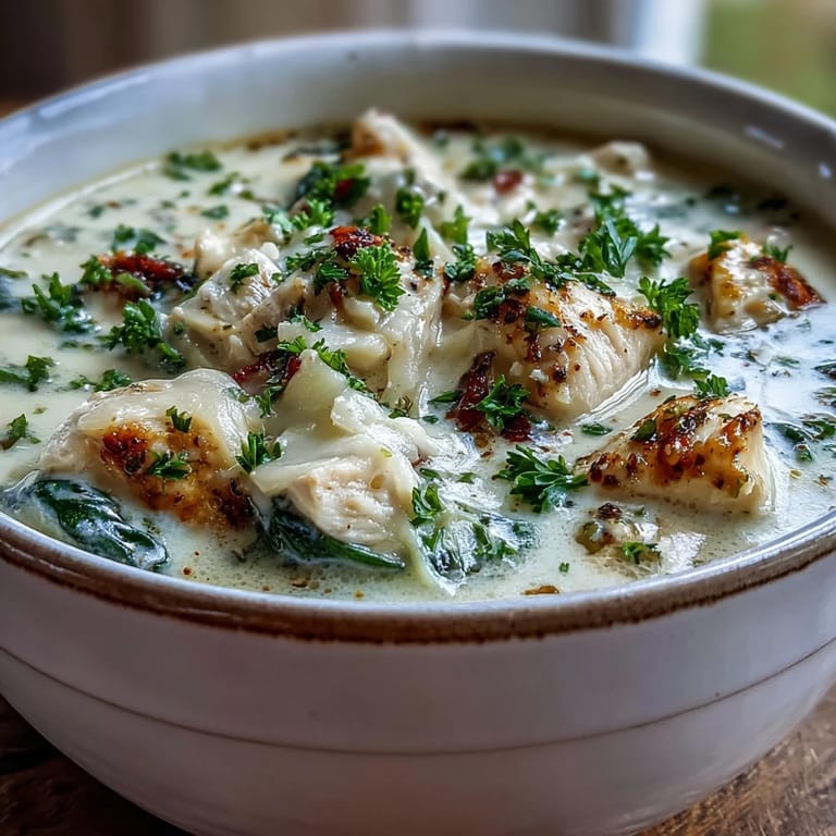 Close-up of steaming Garlic Parmesan Chicken Soup, showcasing velvety broth, golden chicken, and melted Parmesan, garnished with fresh herbs.