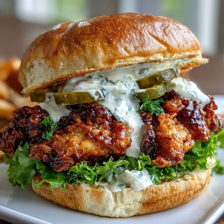 A close-up of a Spicy Chicken Sandwich with Creamy Homemade Sauce, featuring ultra-crispy fried chicken and luscious sauce.