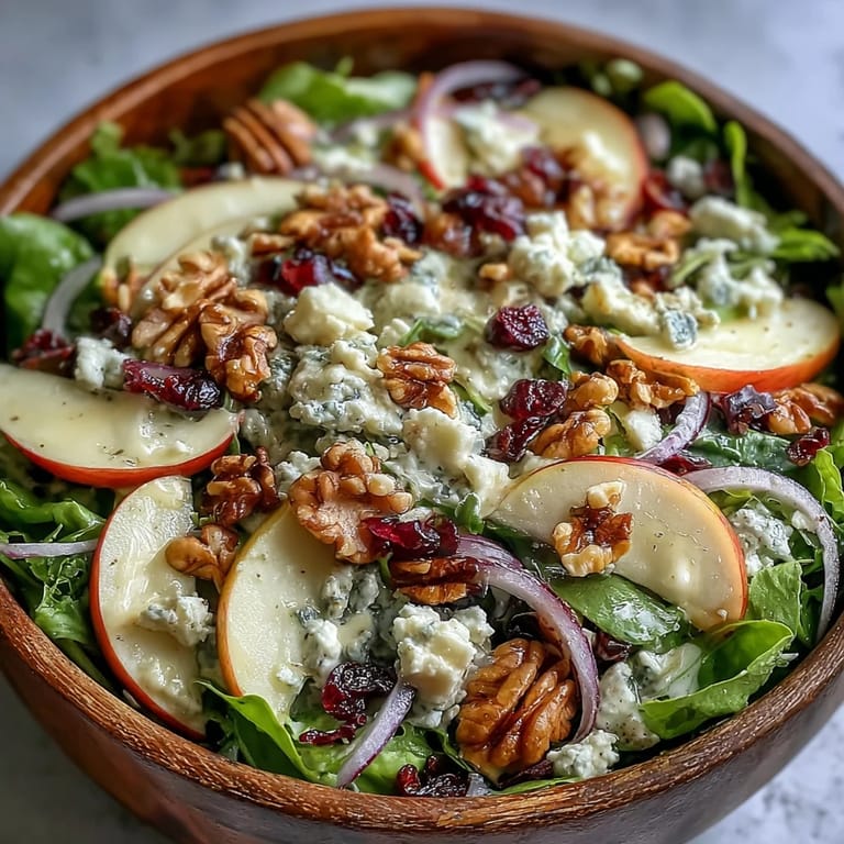 Vibrant Mixed Greens and Apple Bowl topped with crumbled feta, sliced red onion, and walnuts, ready to serve as a light vegetarian lunch.