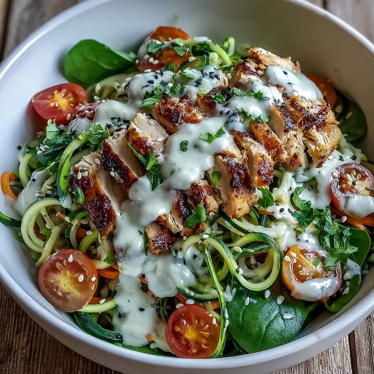 Vibrant Spiralized Vegetable Bowl with colorful zucchini, sweet potato, and carrot noodles, plus tomatoes and spinach, drizzled with garlic-tahini sauce and garnished with toasted sesame seeds.