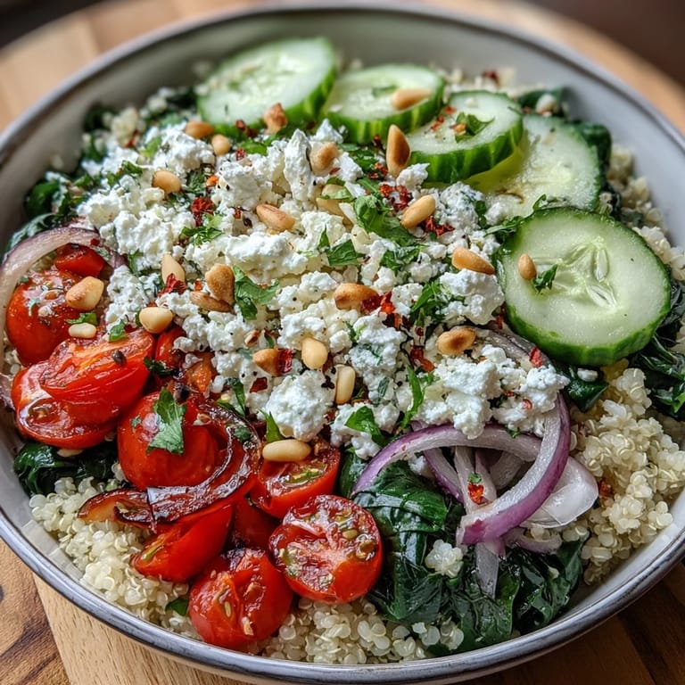 Overhead view of the Spinach and Feta Grain Bowl, showing red bell pepper and cucumber chunks with a drizzle of lemony dressing and pine nuts.