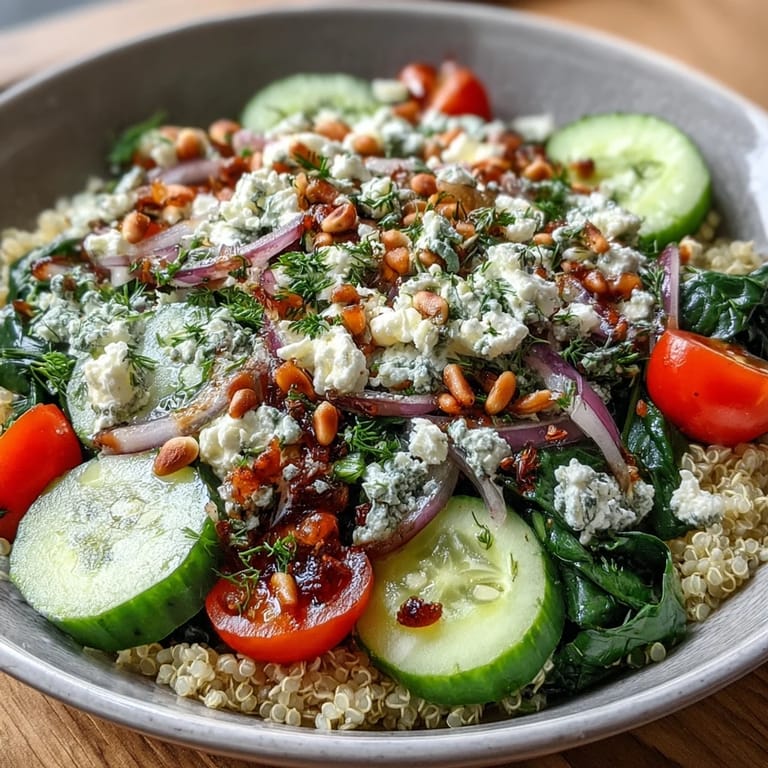 Freshly prepared Spinach and Feta Grain Bowl in a ceramic bowl, topped with crumbled feta and parsley, ready for a nutritious lunch.