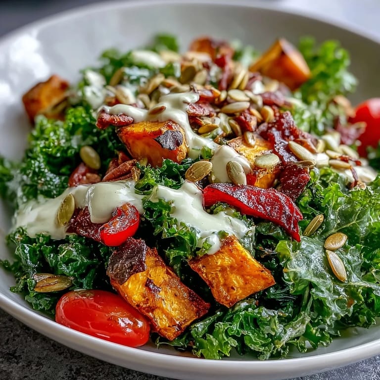 A drizzle of creamy tahini dressing finishes this nourishing Kale Salad Bowl, highlighting warm roasted vegetables and pumpkin seeds.