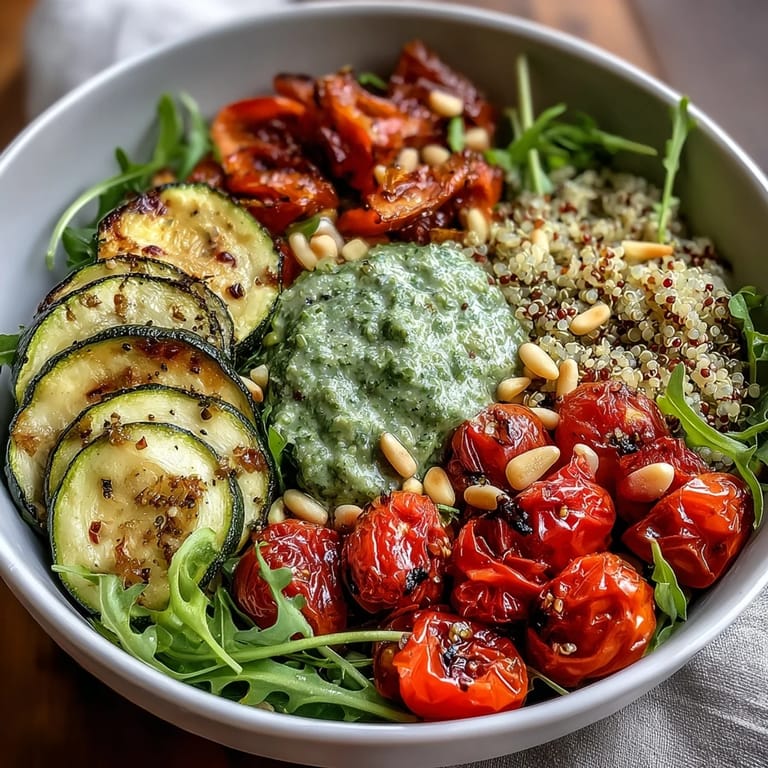A spoon drizzles vibrant green arugula pesto over the hearty Arugula Pesto Bowl, highlighting the fresh basil and peppery greens in the sauce.
