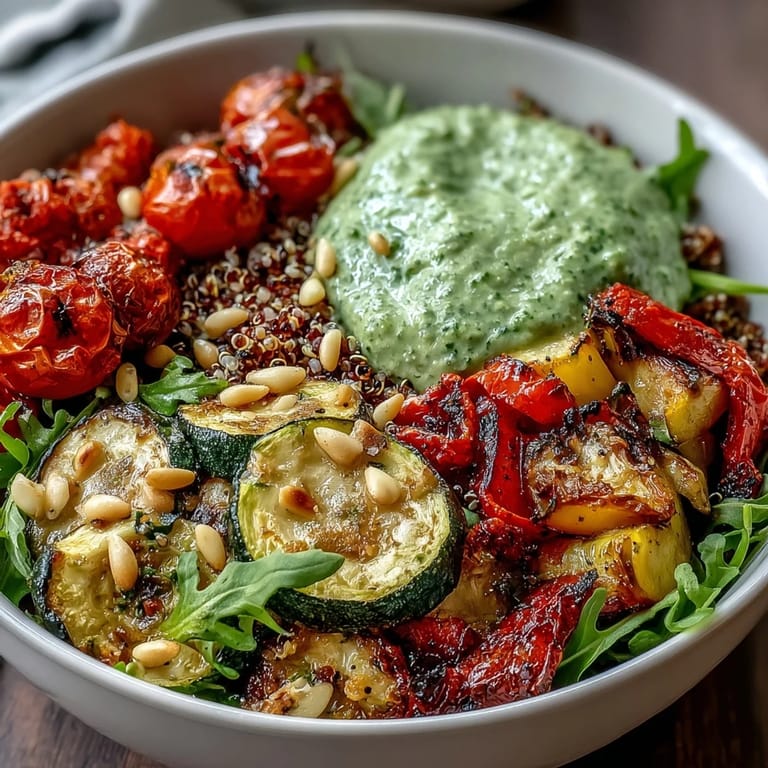 Close up of the Arugula Pesto Bowl featuring tender roasted cherry tomatoes, kale, and grains, resting on a rustic wooden table with a linen napkin.