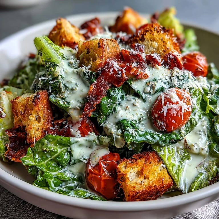 Creamy homemade Caesar dressing drizzled over shaved Parmesan, cherry tomatoes, and crispy chickpeas in a Romaine Caesar Bowl.