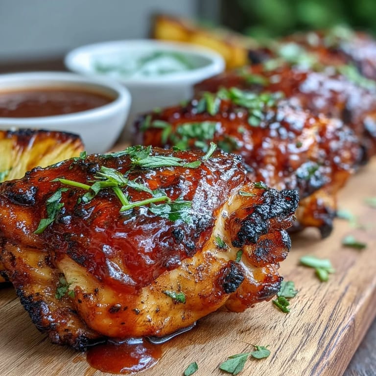 Tender bone-in chicken thighs with caramelized guava BBQ sauce glaze, fresh cilantro garnish, served on a white plate.