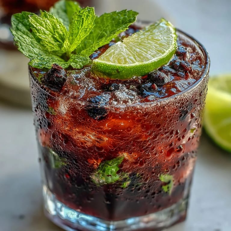 A vibrant Black Currant Mojito cocktail topped with fizzy soda water and fresh black currants, ready to enjoy.