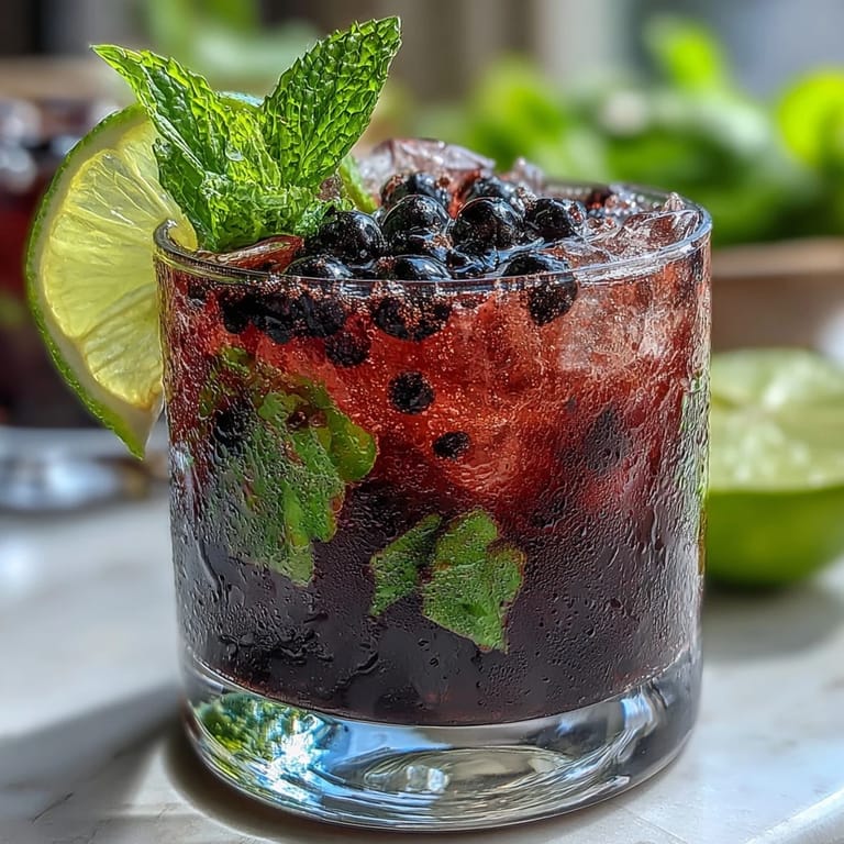 A tall glass of homemade Black Currant Mojito with deep purple hues, resting on a sunny outdoor table.