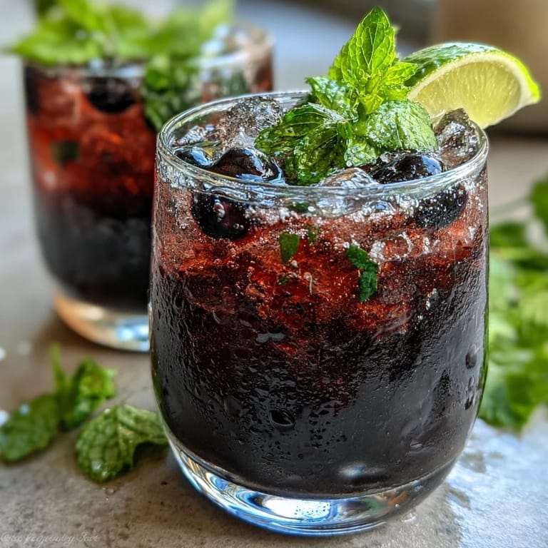 A vibrant Black Currant Mojito in a highball glass, layered with crushed ice, mint leaves, and topped with bubbly club soda.