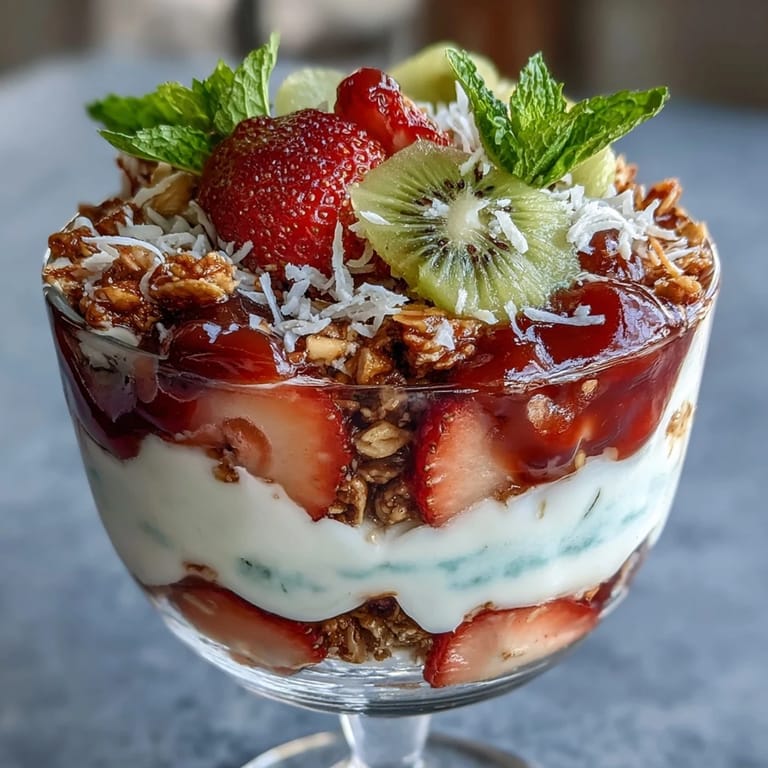 Overhead view shows Guava-Flavored Yogurt Parfait topped with crunchy granola, coconut, and mint.