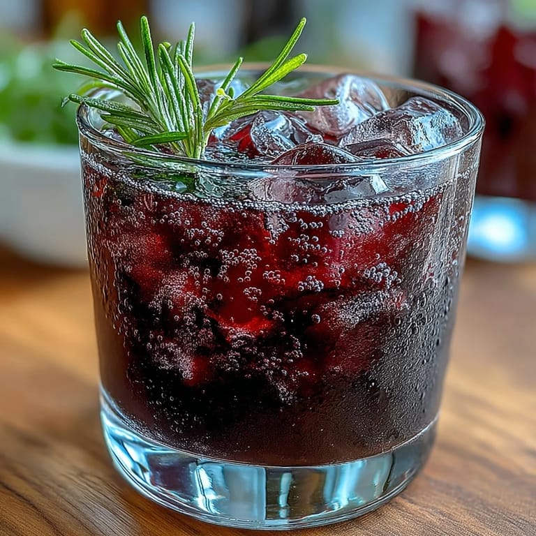Close-up of a Black Currant Rosemary Cocktail featuring a frothy top, a rosemary garnish, and a lemon twist.