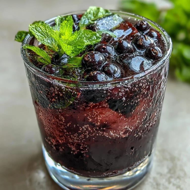 Frosted highball glasses of homemade Tangy Blackcurrant Mojito with vibrant purple syrup swirled through soda water and muddled mint.