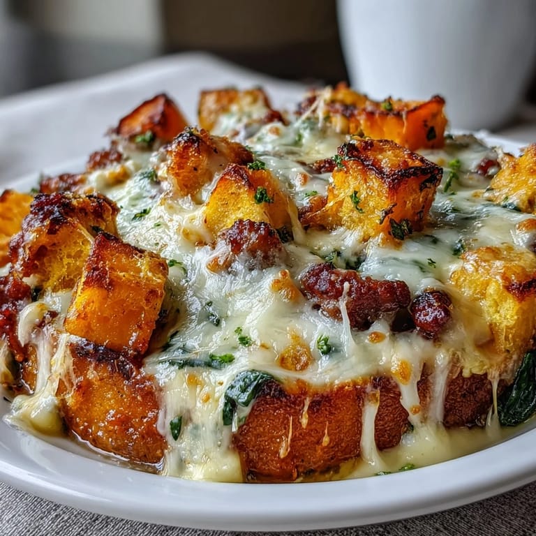 Served in a rustic dish, the Cozy Butternut Squash & Sausage Casserole is a comforting dinner.