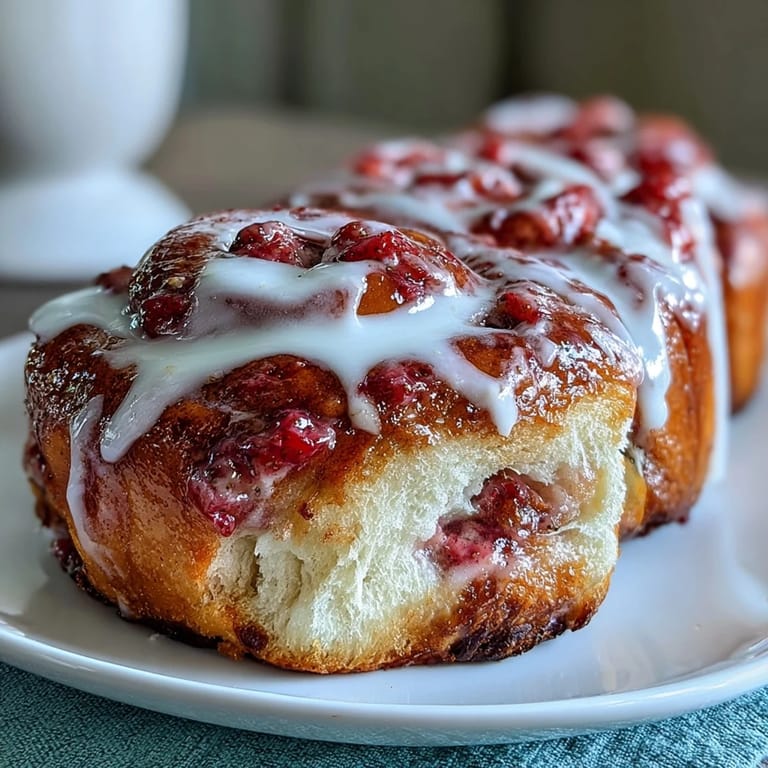 Warm Strawberry Cinnamon Rolls served on a plate, ready to be pulled apart for breakfast.
