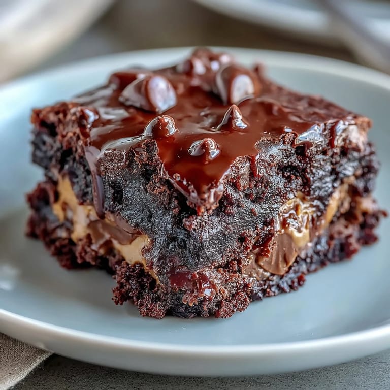 Slice of Rich Peanut Butter Cup Dump Cake revealing gooey peanut butter cup pockets and moist chocolate cake layers.
