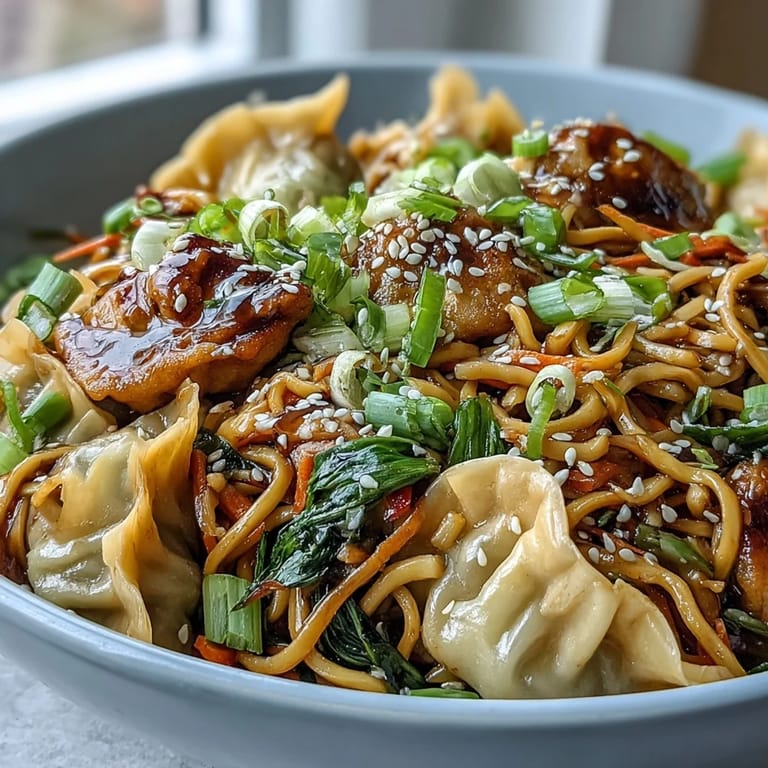 Close-up of Potsticker Noodle Bowls featuring seared dumplings, lo mein, shredded carrots, cabbage, and sesame seeds, tossed in savory sauce.