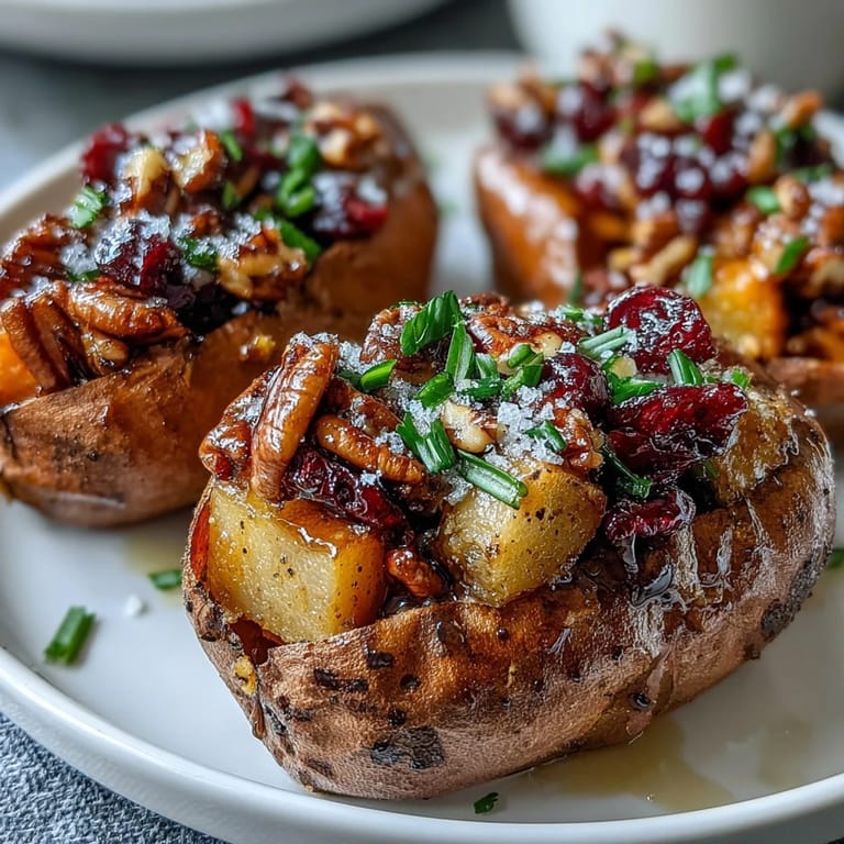 Packed with tart cranberries and cinnamon spices, these Cranberry Apple Twice Baked Sweet Potatoes look delicious.