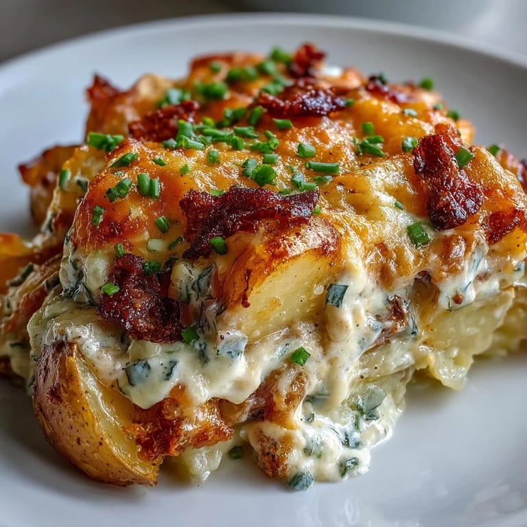 Family-style Creamy Ranch Chicken Potato Bake served hot from the oven, garnished with fresh chives beside a green salad.