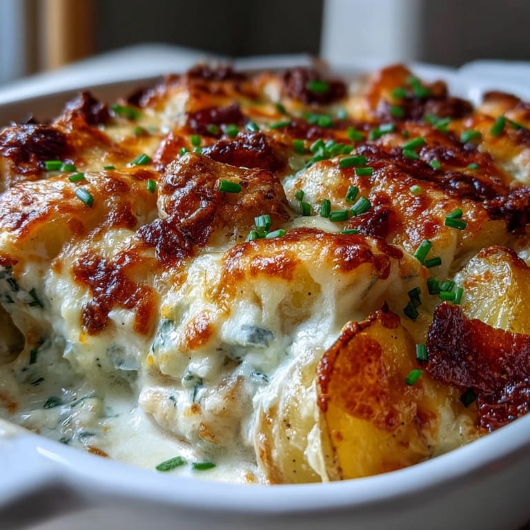A hearty slice of Creamy Ranch Chicken Potato Bake reveals juicy chicken and creamy ranch sauce layered with potatoes.