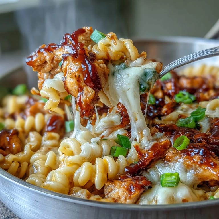 Sticky Honey BBQ Chicken Pasta Skillet is served hot, garnished with fresh green onions.