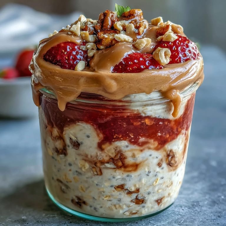 A jar of High-Protein Peanut Butter & Jelly Overnight Oats topped with crushed peanuts, ready to serve for a healthy breakfast.