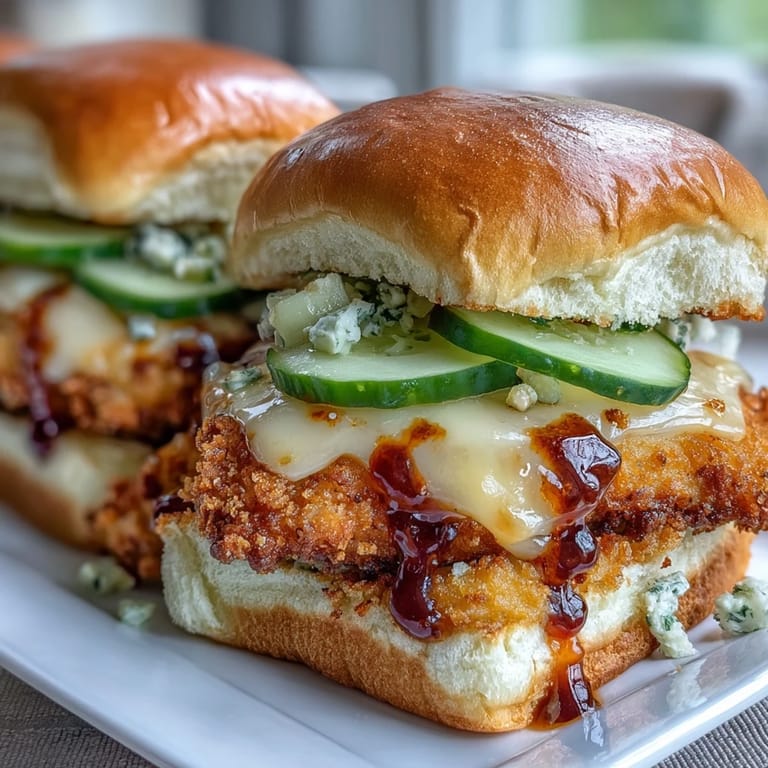Toasted sesame-topped slider buns reveal melted cheese and saucy chicken tenders in a pull-apart Spicy Honey Butter Chicken Sandwich Bake, perfect for a game day spread.