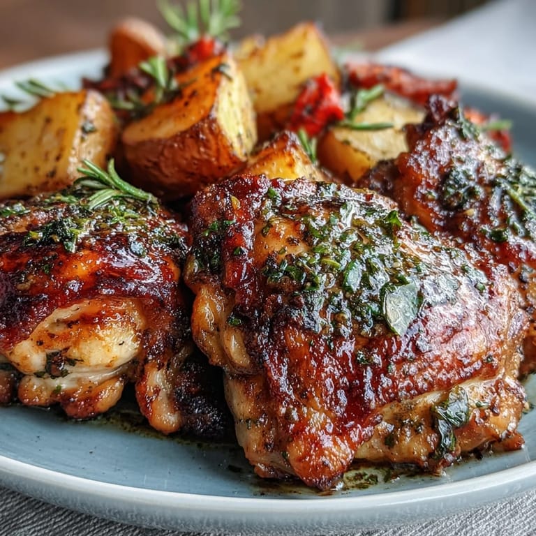 A close-up of tender bone-in chicken thighs and roasted veggies, perfect for an easy weeknight dinner.