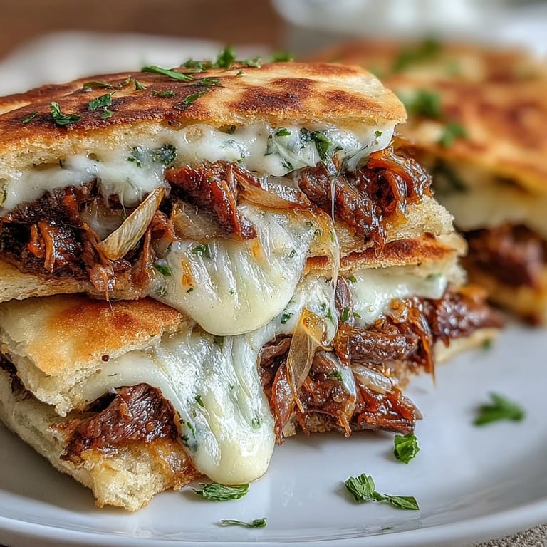 Tender shredded beef and onions piled high on warm garlic naan, baked with melty cheese until bubbly and golden.