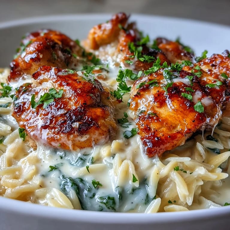 A finished One-Pot Creamy Garlic Parmesan Chicken Orzo dinner, garnished with fresh parsley and served steaming hot.