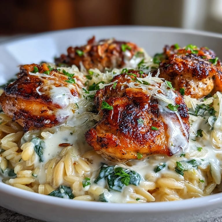 Close up of creamy One-Pot Garlic Parmesan Chicken Orzo with spinach and melted Parmesan cheese, ready to serve.