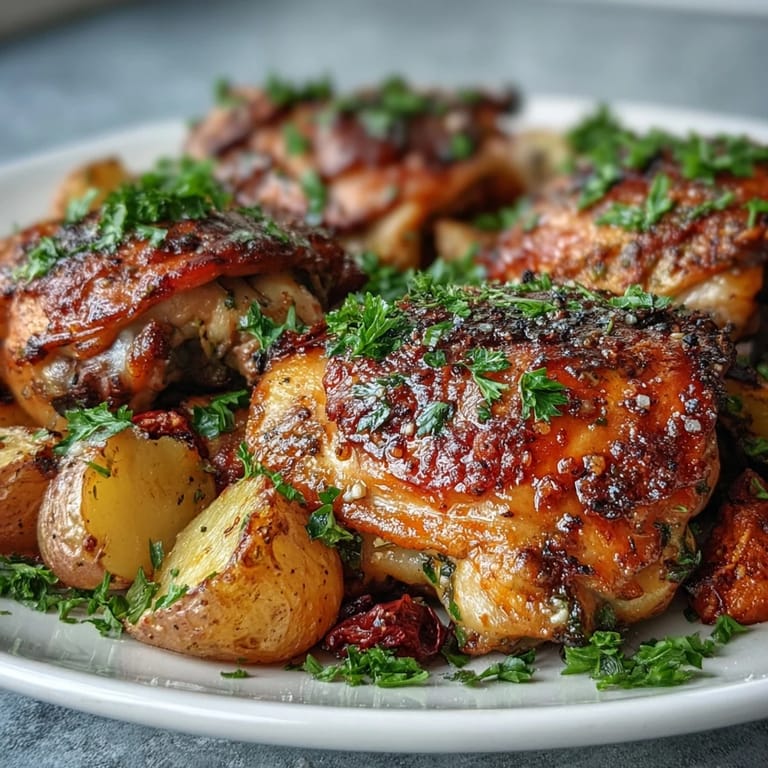 Crispy ranch-seasoned chicken thighs and tender roasted veggies served on a baking sheet.
