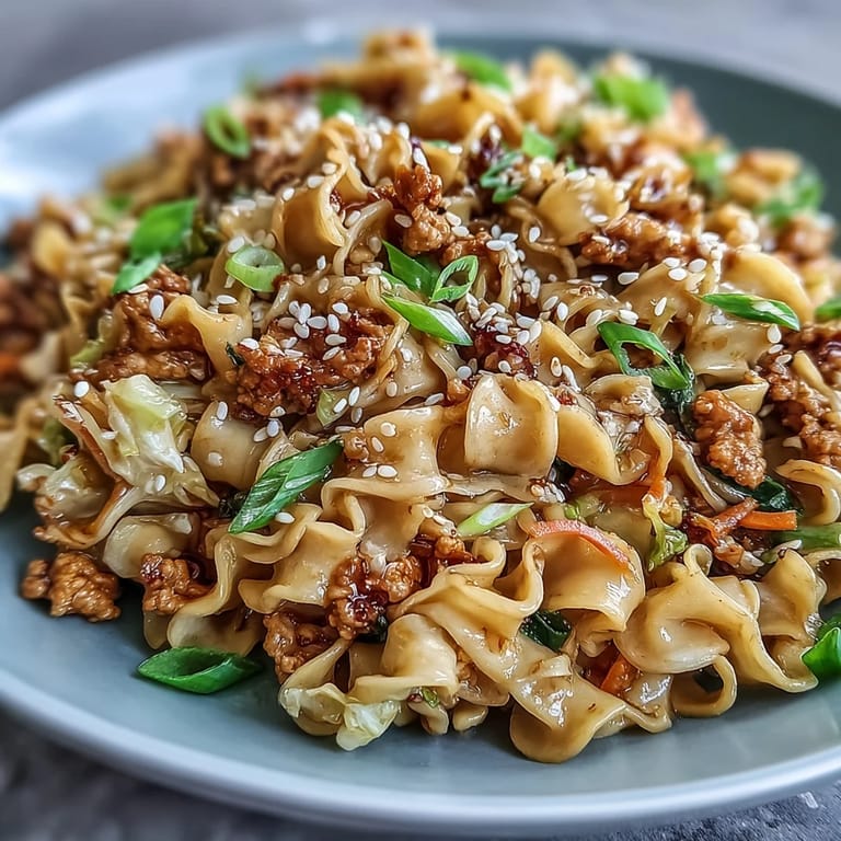 Savory ground turkey and soft noodles tossed in a glossy, creamy sauce make this Creamy Potsticker Noodle Stir-Fry a satisfying meal.