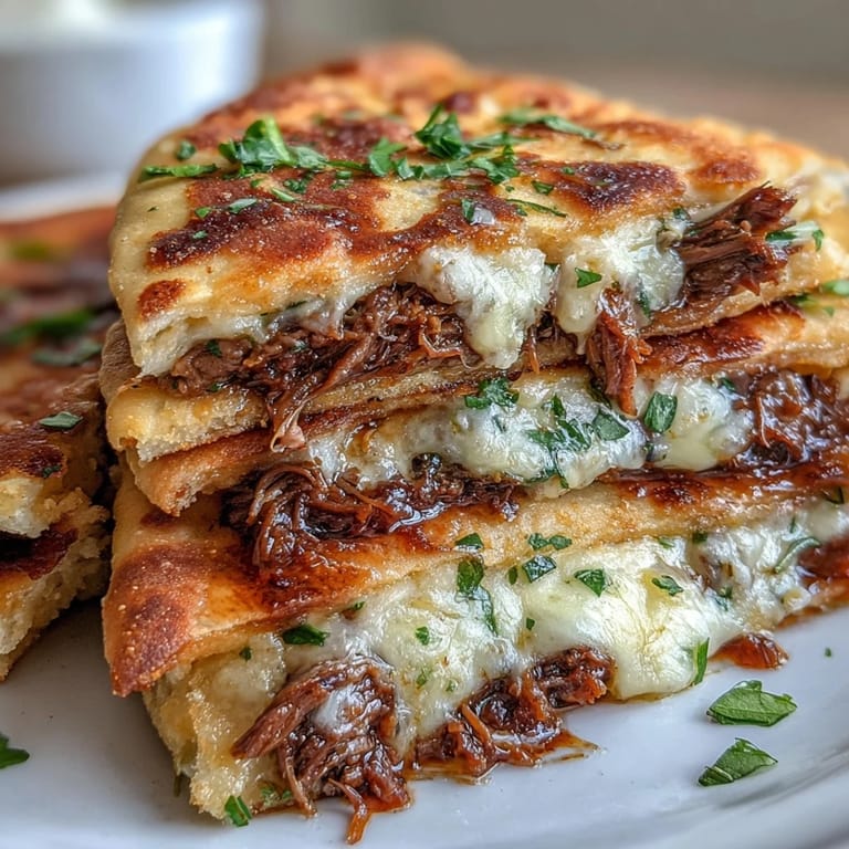 Warm garlic naan stuffed with melty cheese and slow-cooked beef, served ready to dip.