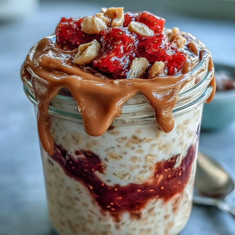 Ready-to-eat High-Protein Peanut Butter & Jelly Overnight Oats served cold with a spoon and peanut butter drizzle.