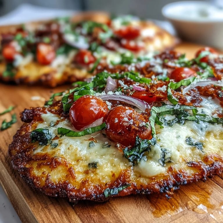 Sizzling Crispy Garlic Parmesan Naan Pizza topped with spinach and red onion, fresh from the oven on parchment.
