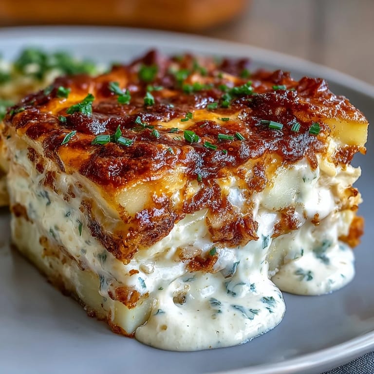 A rustic serving of creamy ranch chicken potato bake rests beside a crisp green salad and glass of Chardonnay.